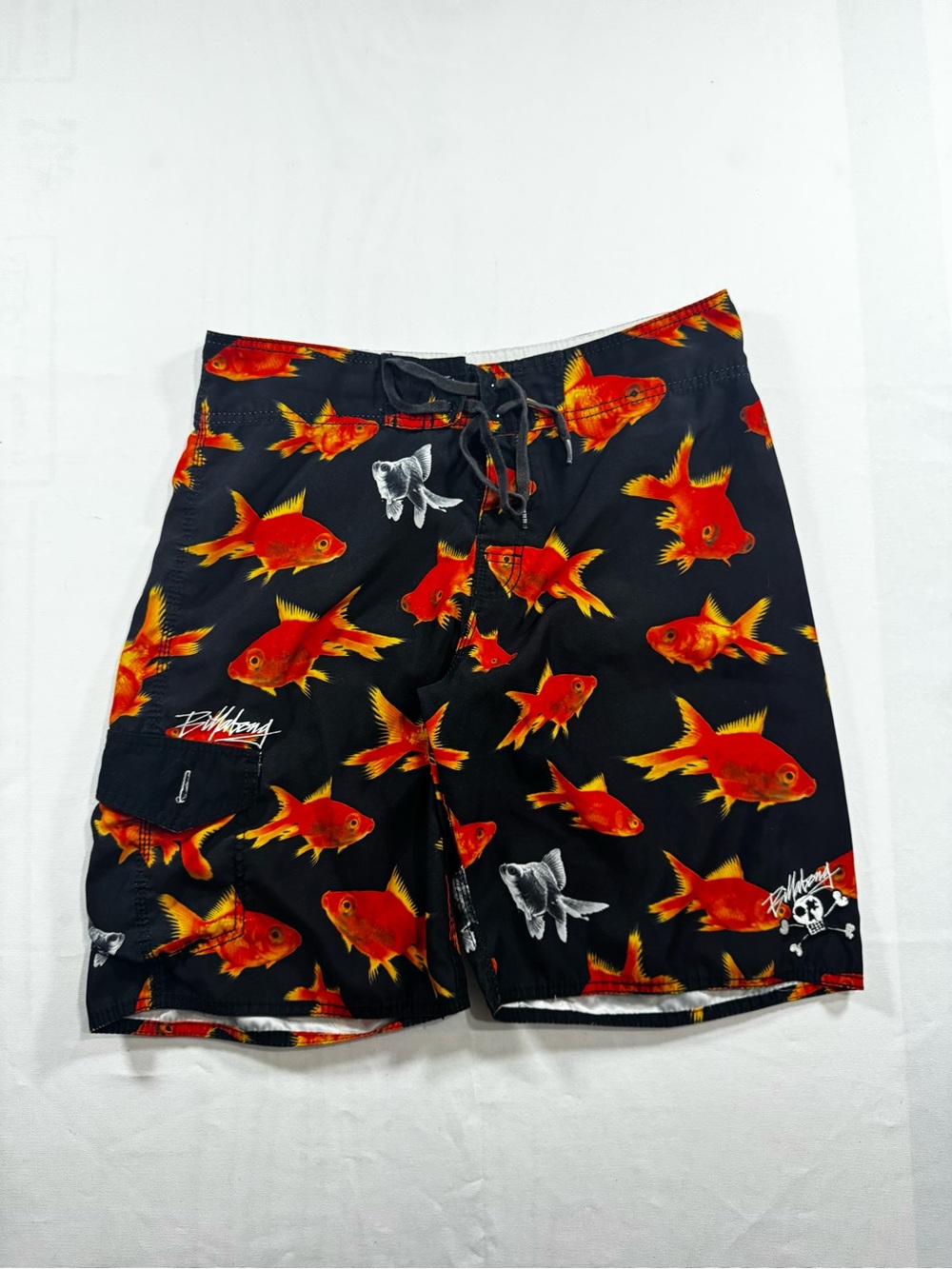 Billabong Black Swim Shorts with Red-Orange Goldfish Print